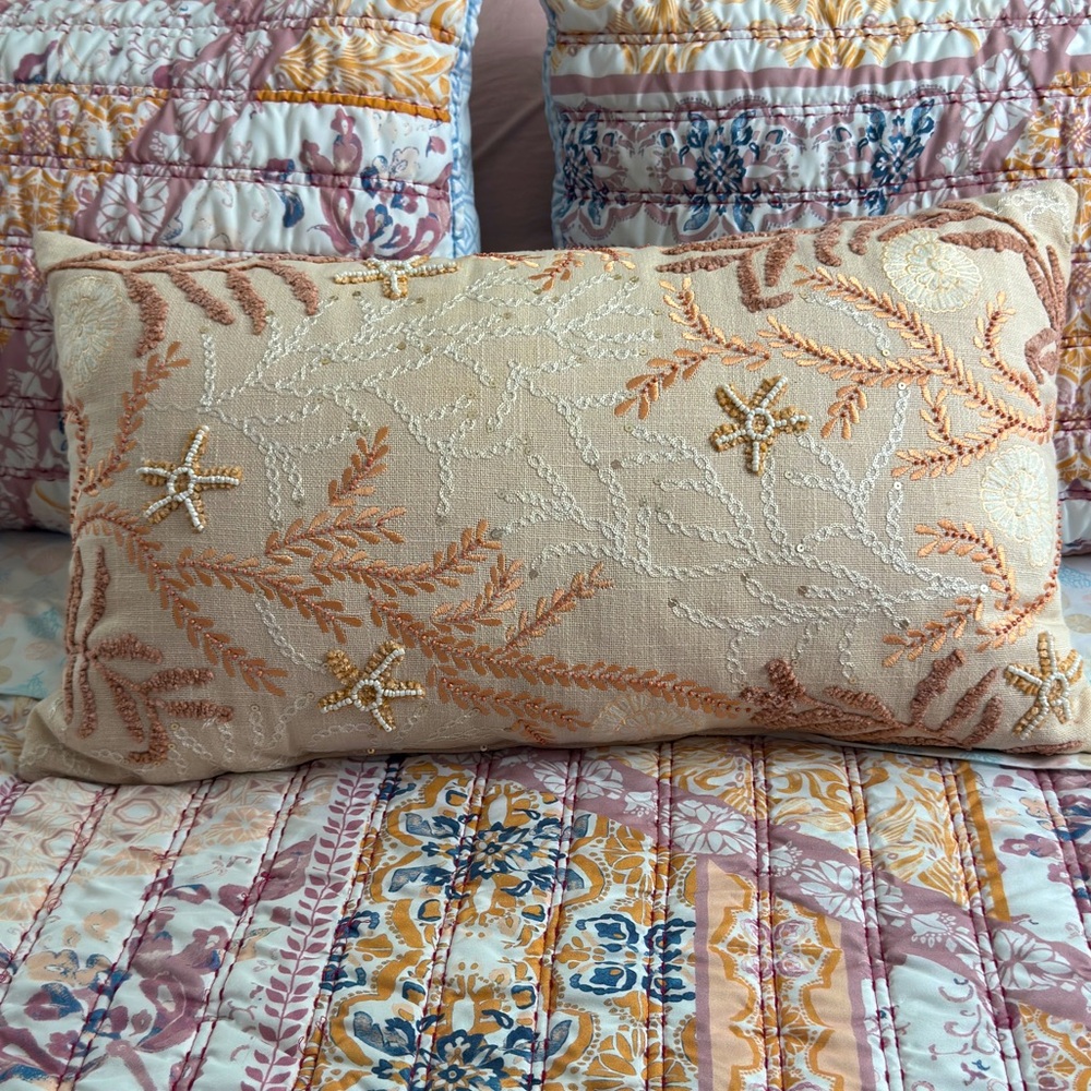 NEW Large Coastal Hand Embroidered w beads & Sequins Lumbar Pillow Beach Boho - Picture 4 of 17